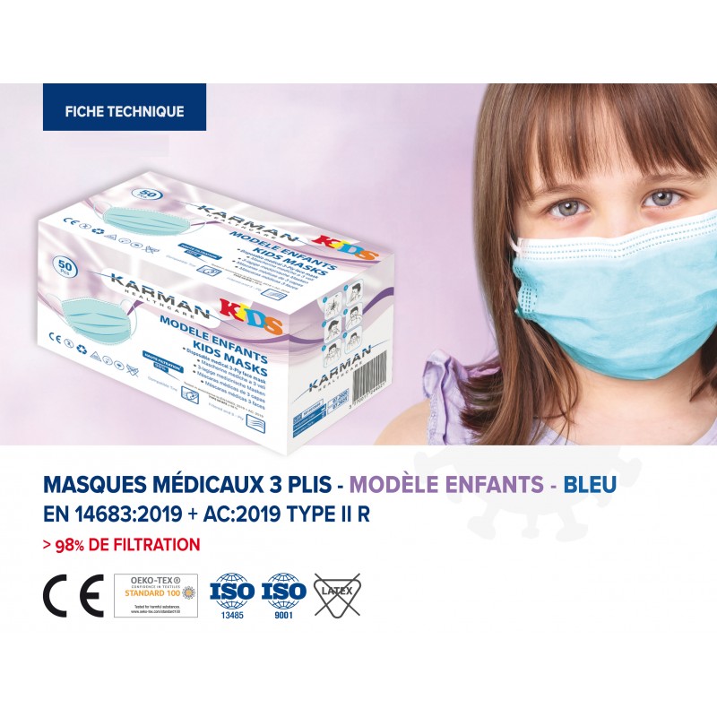 Masque de protection 3 plis jetable pour enfant (Pédiatrique) EN14683 Type  2R (Boite de 50)