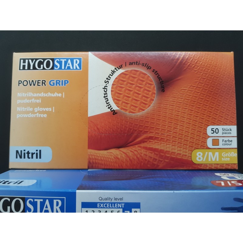 Boîte de 50 gants nitrile non poudrés GoGrip avec picot 8,5gr. Coloris  orange. Taille M ≡ CALIPAGE